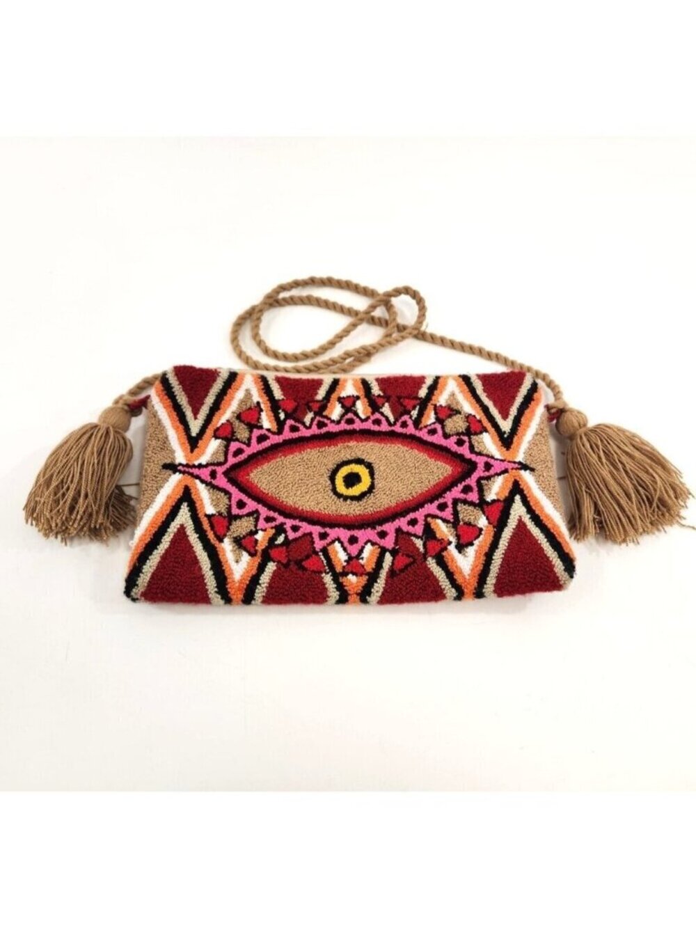 Wayuu Third Eye Clutch Bag Purse Tassels Deep Red Beige Handmade Colombia
